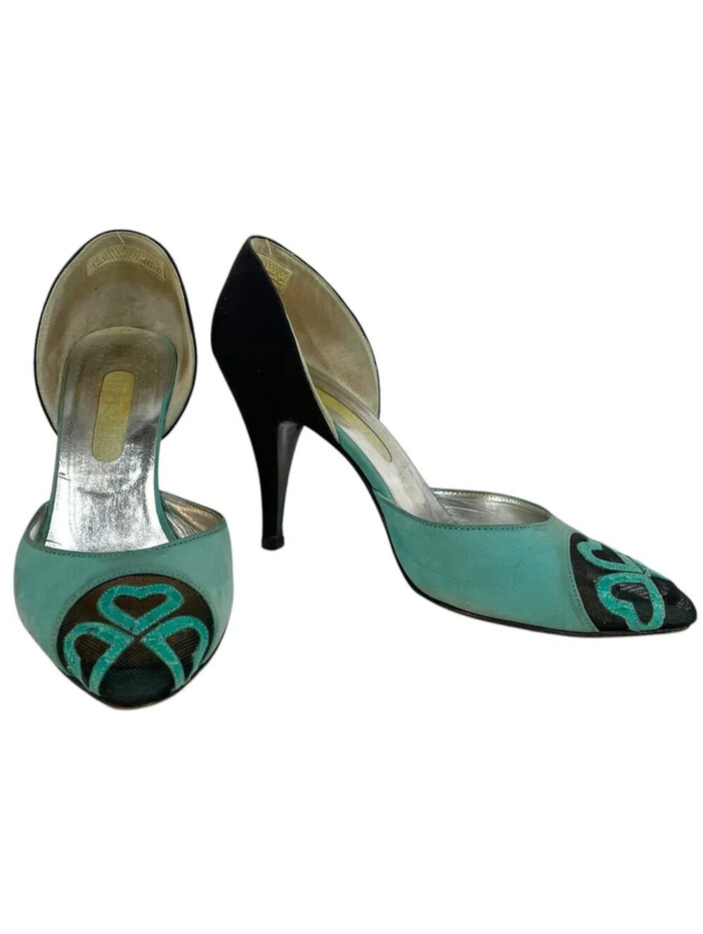 Black Teal Heart Toe Pumps Womens 6.5 Mesh D’Orsay Heels Vintage Y2K Style